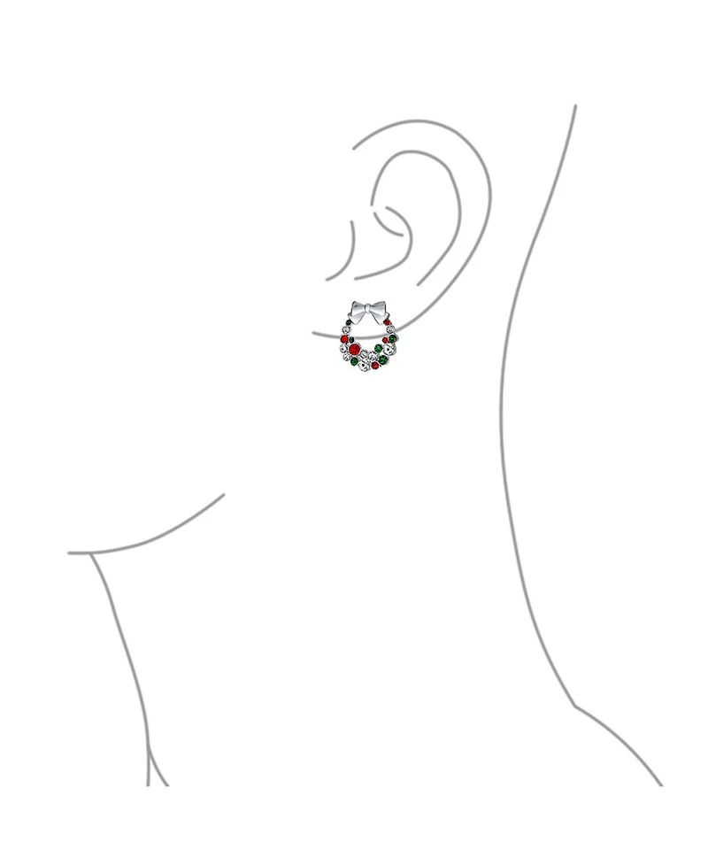 Bling Jewelry Fashion Sparkling Christmas Bow Red Green White Crystal Holiday Wreath Stud Earrings Crystal Silver Plated
