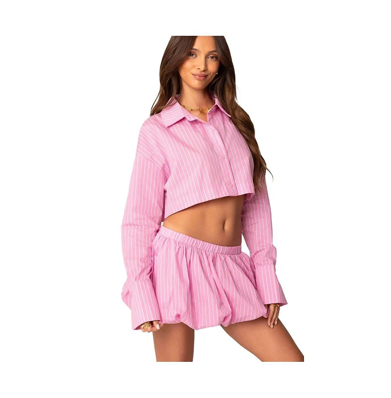 Edikted Womens Hila Pinstripe Cropped Button Up Shirt