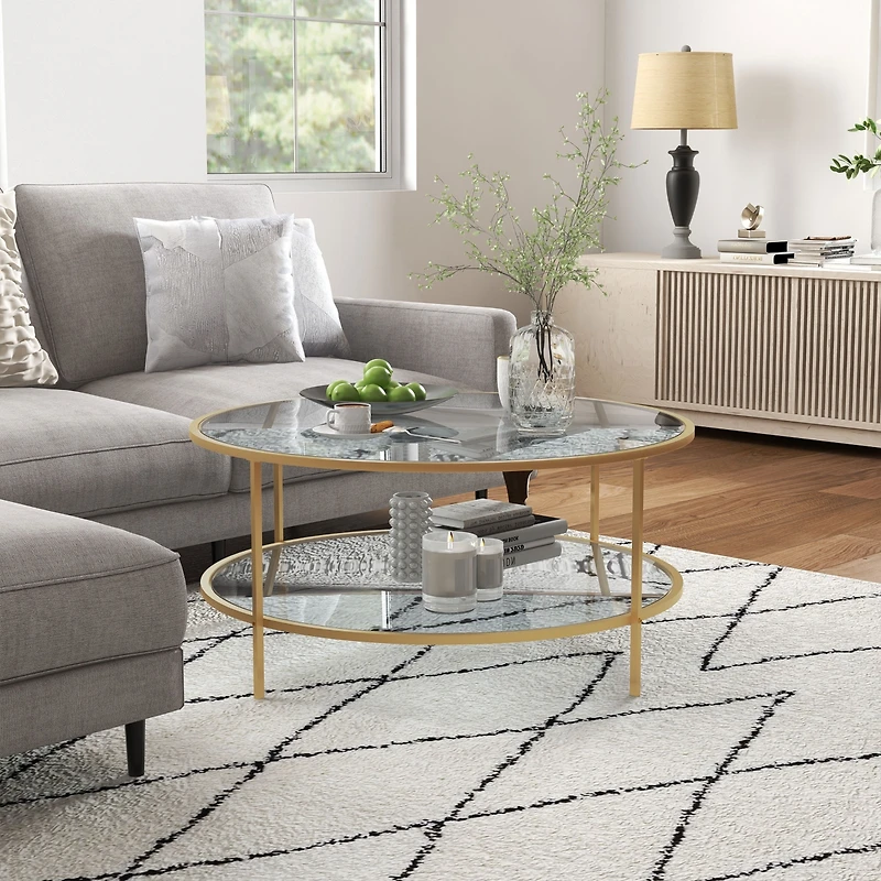 Homcom Round Side Table with Storage, 2-Tier End Tempe Glass Top