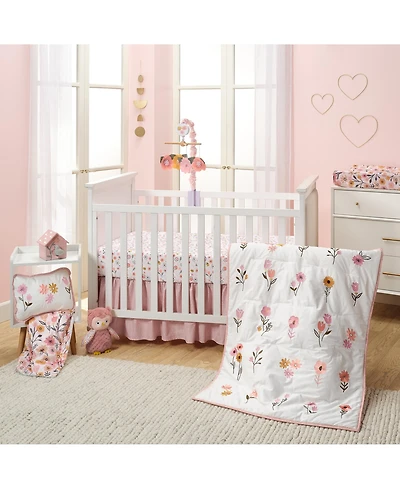 Lambs & Ivy Little Garden 3-Piece Embroidered Floral Baby Crib Bedding Set