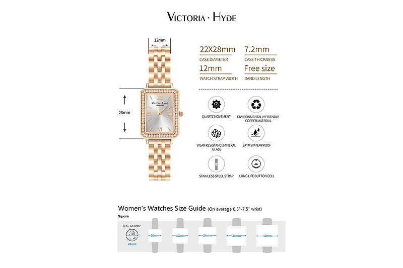 Women's Crystals Stainless Steel Bracelet Watch 22×28mm Westminster Victoria Hyde