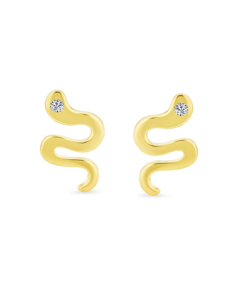 Bling Jewelry Minimalist Tiny Mini Cz Accent Garden Reptile Serpent Snake Stud Earrings For Women 14K Yellow Gold Safety Clutch Screw back