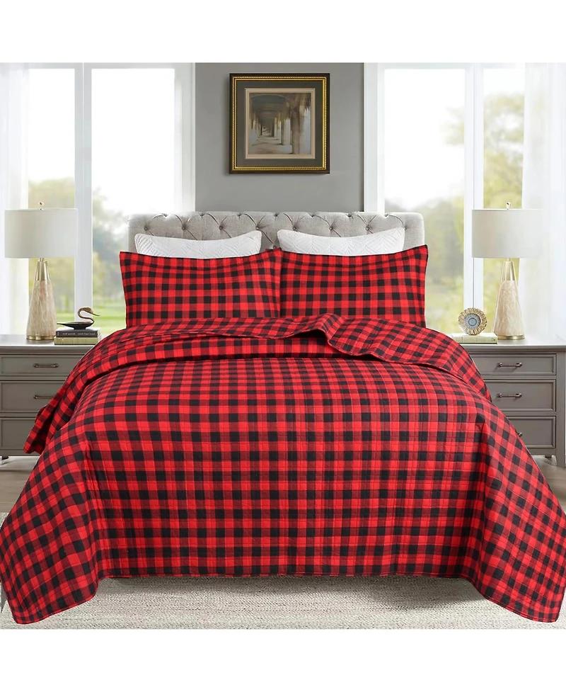 MarCielo 3 Pcs Christmas Red Buffalo Plaid Check Quilt Bedspread Set Queen