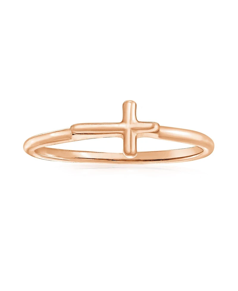Bling Jewelry Minimalist Simple Midi Knuckle Thin 1MM Band Stackable Religious Sideways Cross Ring Gold Plated .925 Sterling Silver