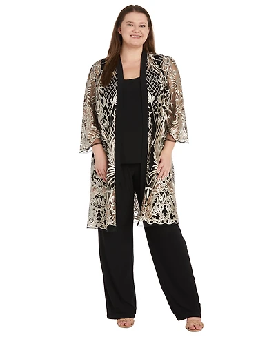 R & M Richards Plus Size Embroidered Duster Jacket, Tank and Pants 3-Pc. Set