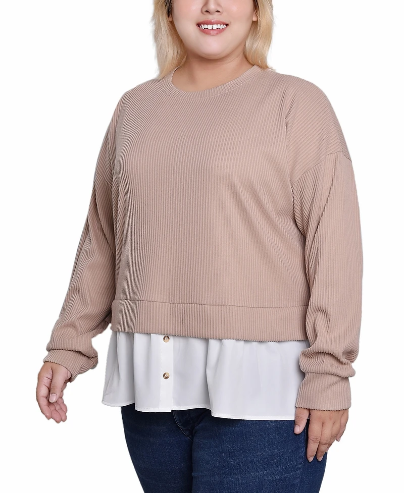 Ny Collection Plus Size Long Sleeve Two-Fer Top with Gathered Inset