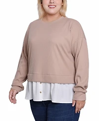 Ny Collection Plus Size Long Sleeve Two-Fer Top with Gathered Inset