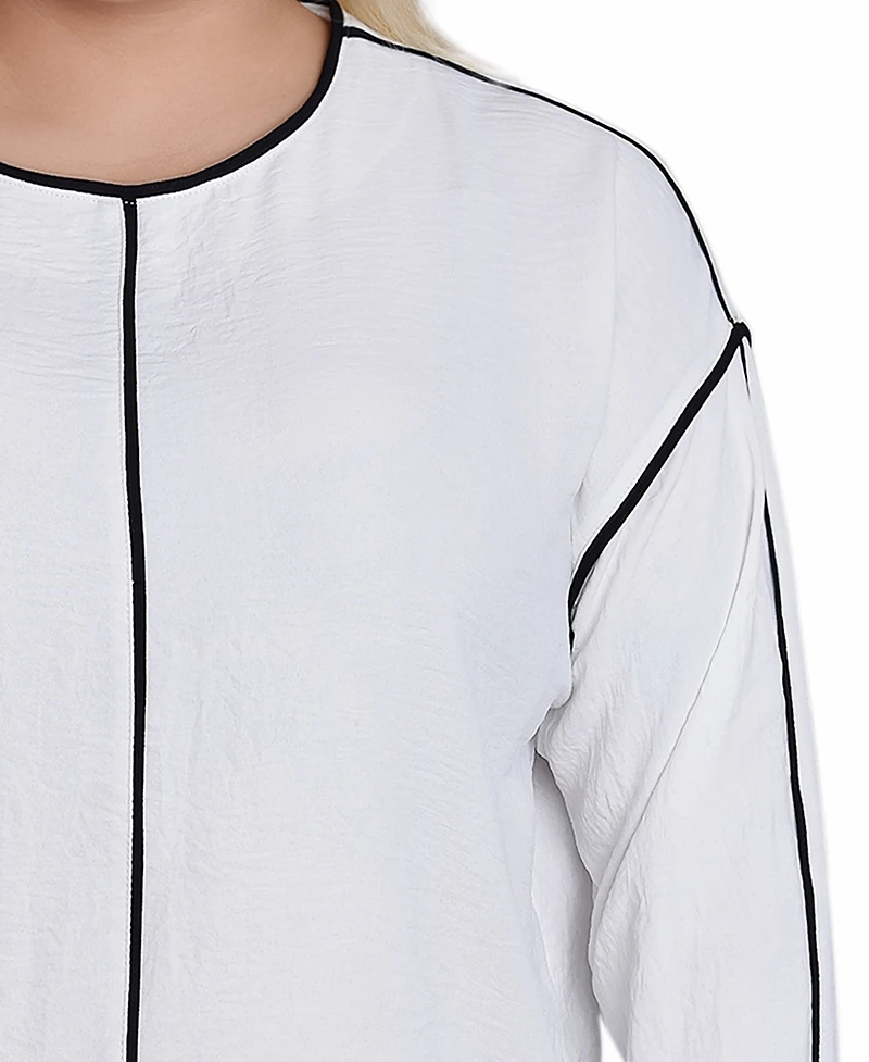 Ny Collection Plus Long Sleeve Contrast Piped Blouse