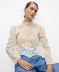 Mango Women's High-Neck Sheer Cotton Lace Blouse
