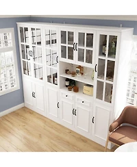White Wooden Bookcase, Sideboard with 19-Tier Shelves and 2 Drawers
