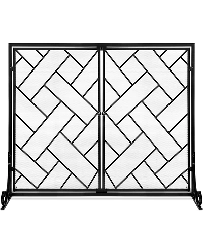 Best Choice Products 44x33in 2-Panel Handcrafted Wrought Iron Geometric Fireplace Screen w/ Magnetic Doors
