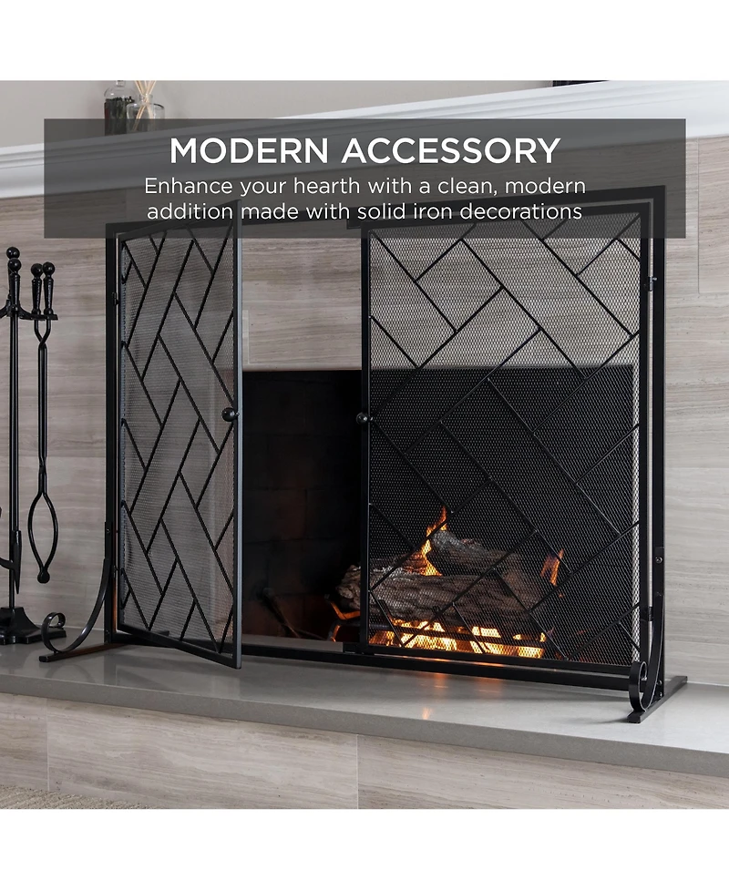 Best Choice Products 44x33in 2-Panel Handcrafted Wrought Iron Geometric Fireplace Screen w/ Magnetic Doors
