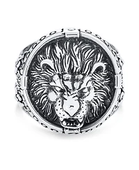 Bling Jewelry Big Statement Masculine King Of Jungle Round Viking Signet Roaring Lion Ring For Men Solid Oxidized .925 Sterling Silver
