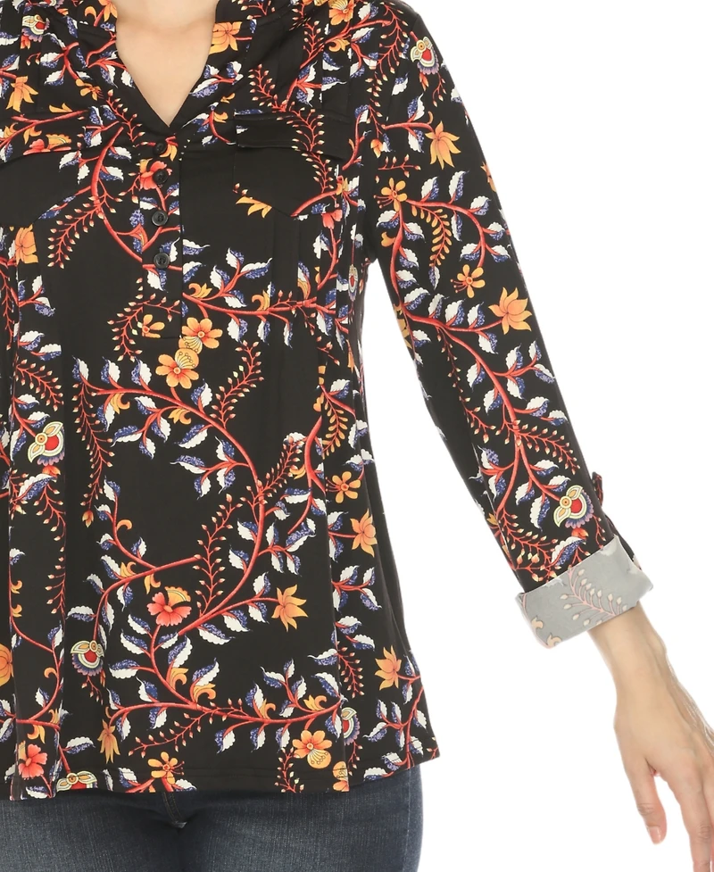 White Mark Women's Paisley Button Front Tunic Top