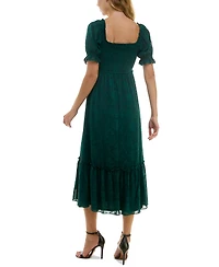 Crystal Doll Juniors' Ruffled Smocked Puff-Sleeve Midi Dress