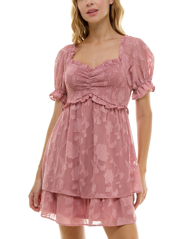 Crystal Doll Juniors' Ruffled Smocked Puff-Sleeve Dress