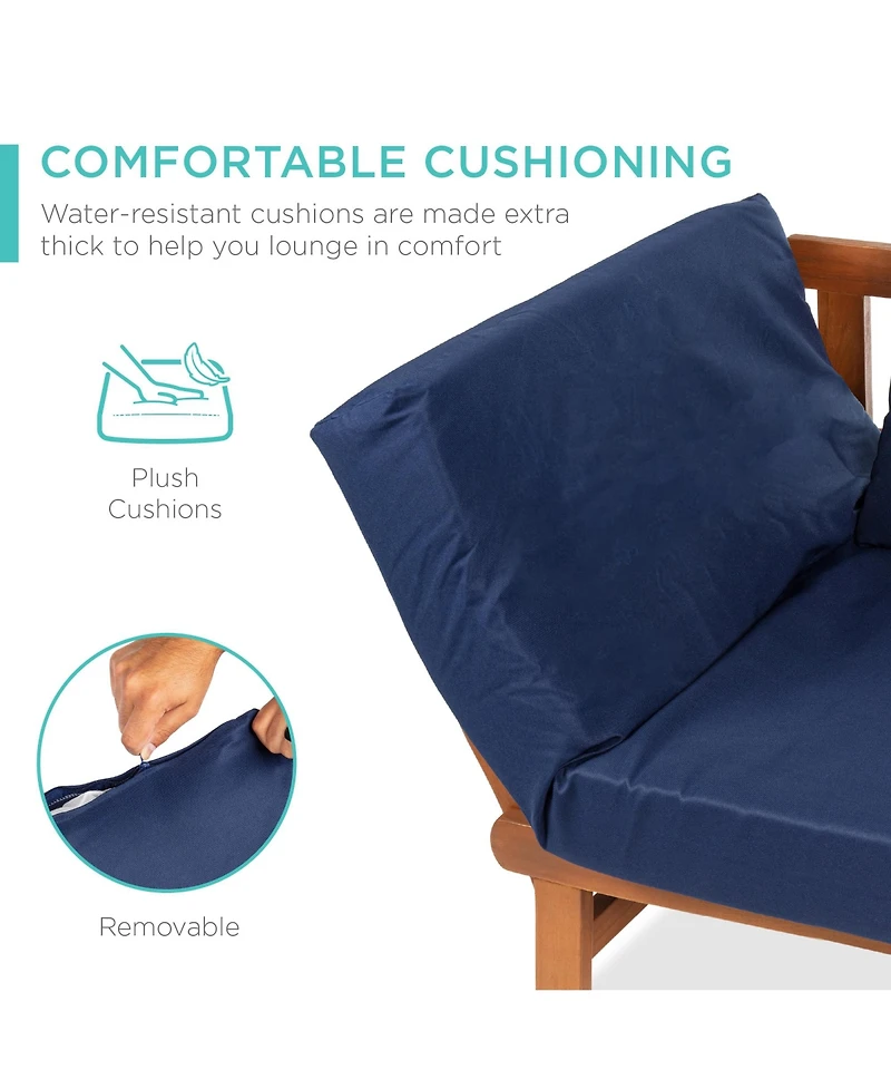 Best Choice Products Outdoor Convertible Acacia Wood Futon Sofa w/ Pullout Tray, 4 Pillows, All-Weather Cushion - Navy