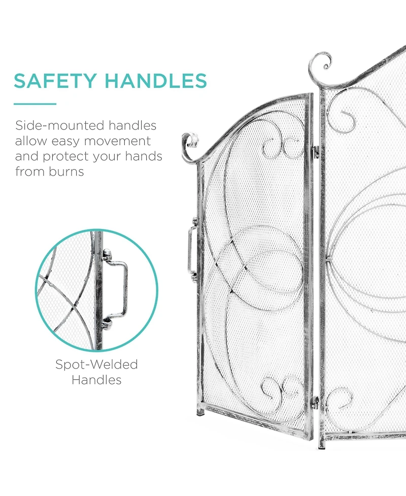 Best Choice Products 3-Panel 55x33in Wrought Iron Fireplace Safety Screen Decorative Scroll Spark Guard Cover