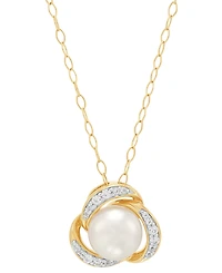 2-Pc. Set Cultured Freshwater Button Pearl (7 & 8mm) & Lab Created White Sapphire (3/8 ct. t.w.) Love Knot Pendant Necklace & Matching Stud Earrings i