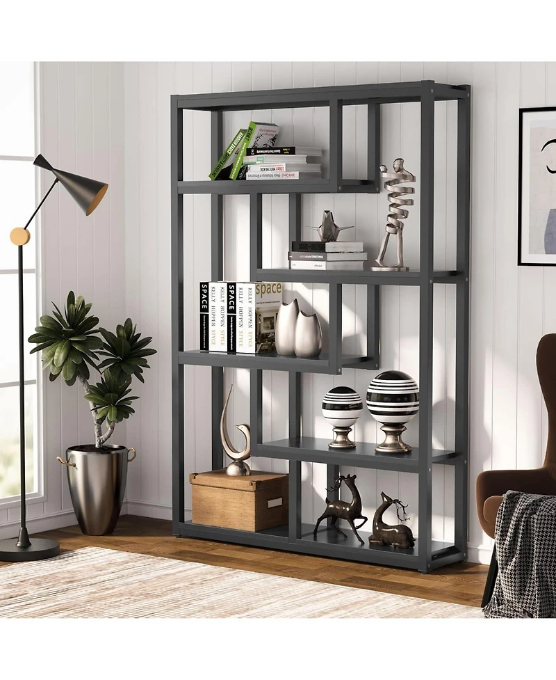 Tribesigns 6-Shelf Industrial Bookshelf, Vintage Etagere Bookcase, 69 Inch Tall Storage Display Staggered Shelves for Home Office