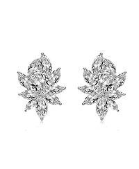 Sterling Silver with Clear Cubic Zirconia Corsage Flower Cluster Stud Earrings in White Gold Plated and 14k Gold plated