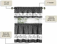 Kate Aurora Country Farmhouse Plaid Live laugh love 3 Piece Kitchen Curtain Set