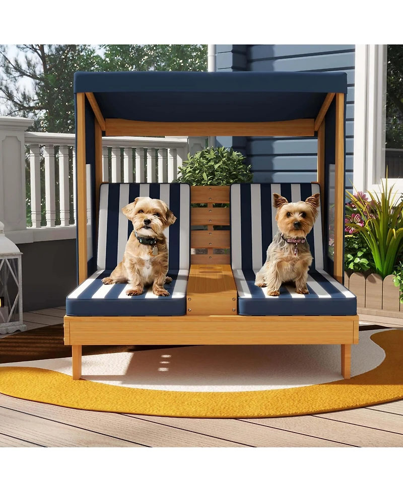Costway Kids Double Chaise Lounge Patio Lounge Chair with Cup Holders & Awning