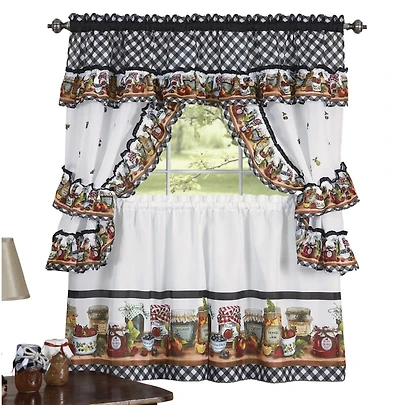 GoodGram Mason Jars Cottage Style Country Farmhouse Cafe Kitchen Curtain Swag & Tiers Set - 57 in. W x 24 in. L