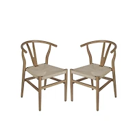 Staci Set Of 2 Stack Dining Chairs With Y-Back Style Design, Solid Wood Frames, Woven Kraft Paper Rope Seats