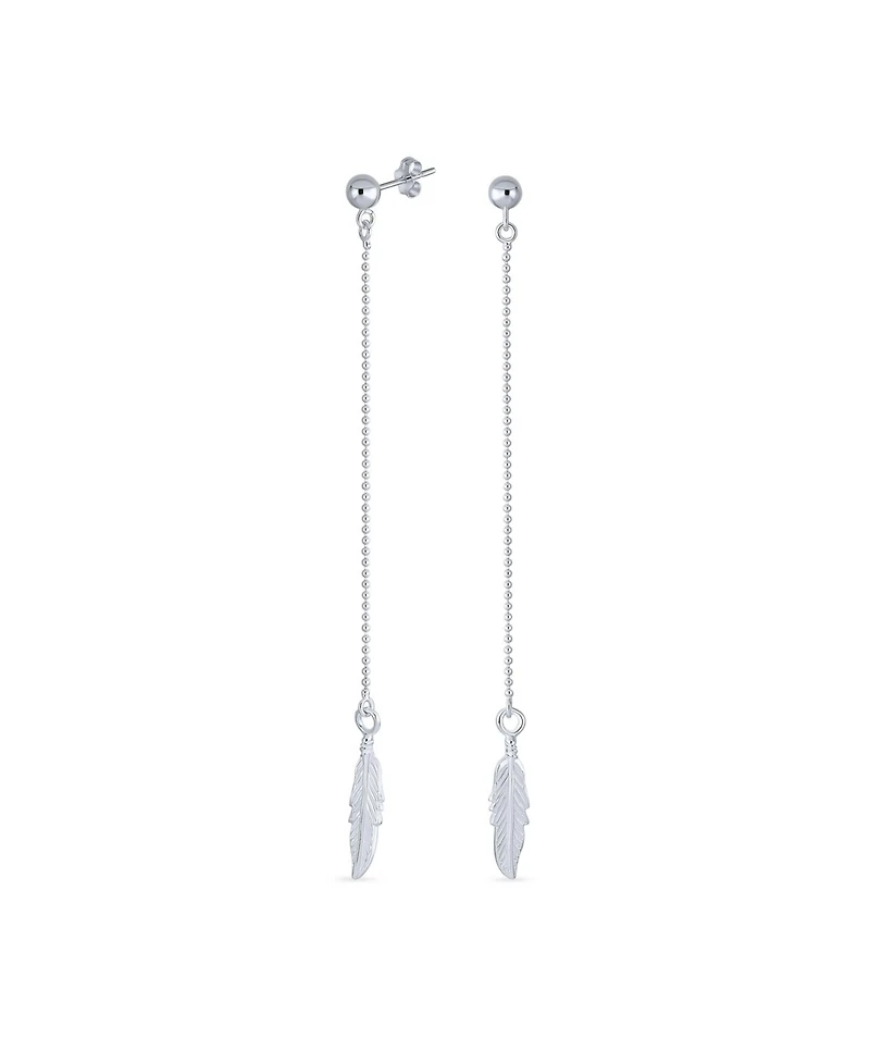 Bling Jewelry Boho Minimalist Long Thin Linear Beaded Ball Chain Feather Leaf Dangle Earrings Western Jewelry .925 Sterling Silver