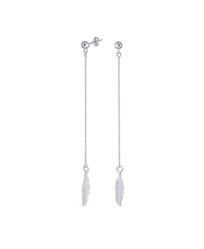 Bling Jewelry Boho Minimalist Long Thin Linear Beaded Ball Chain Feather Leaf Dangle Earrings Western Jewelry .925 Sterling Silver