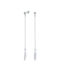 Bling Jewelry Boho Minimalist Long Thin Linear Beaded Ball Chain Feather Leaf Dangle Earrings Western Jewelry .925 Sterling Silver