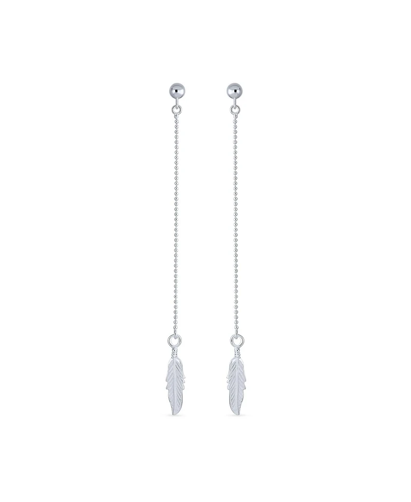 Bling Jewelry Boho Minimalist Long Thin Linear Beaded Ball Chain Feather Leaf Dangle Earrings Western Jewelry .925 Sterling Silver