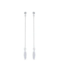 Bling Jewelry Boho Minimalist Long Thin Linear Beaded Ball Chain Feather Leaf Dangle Earrings Western Jewelry .925 Sterling Silver