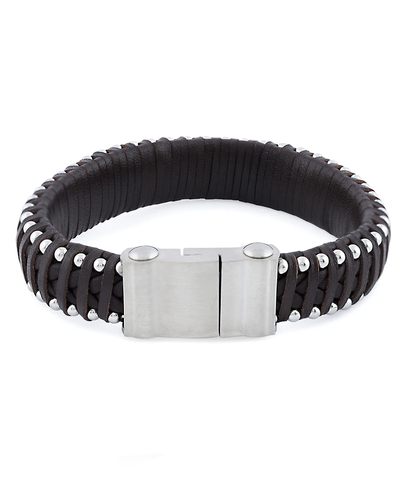 Rhona Sutton Silver Stainless Steel Contemporary Leather Studded Bracelet