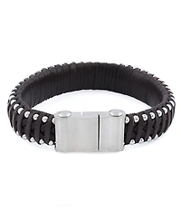 Rhona Sutton Silver Stainless Steel Contemporary Leather Studded Bracelet