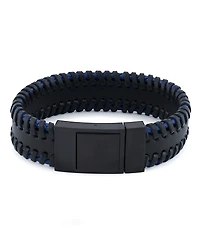 Rhona Sutton Stainless Steel Stylish Black and Blue Chunky Leather Bracelet