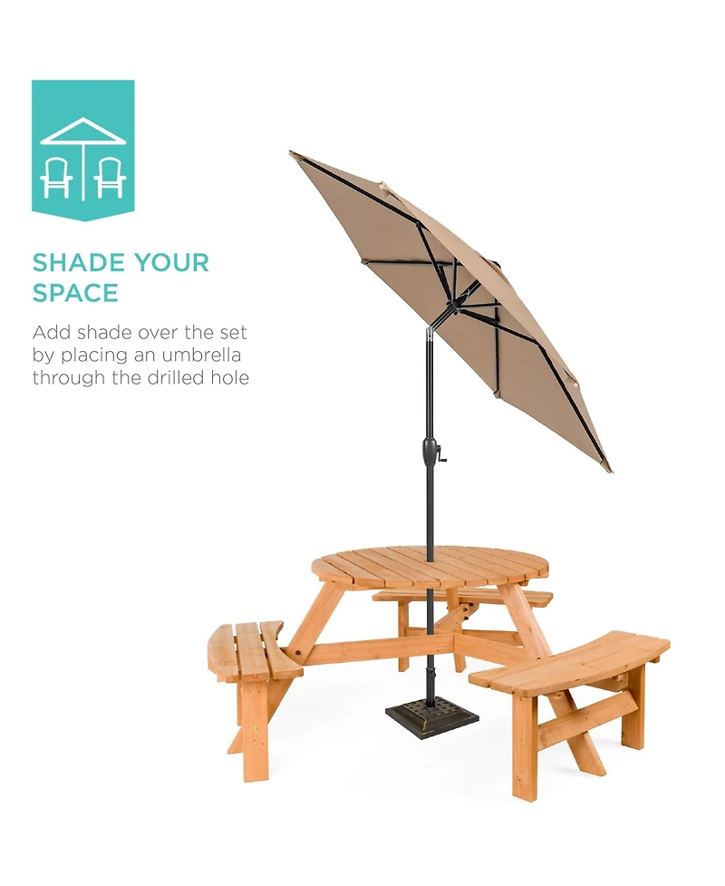 Best Choice Products 6-Person Circular Outdoor Wooden Picnic Table w/ 3 Built-In Benches, Umbrella Hole