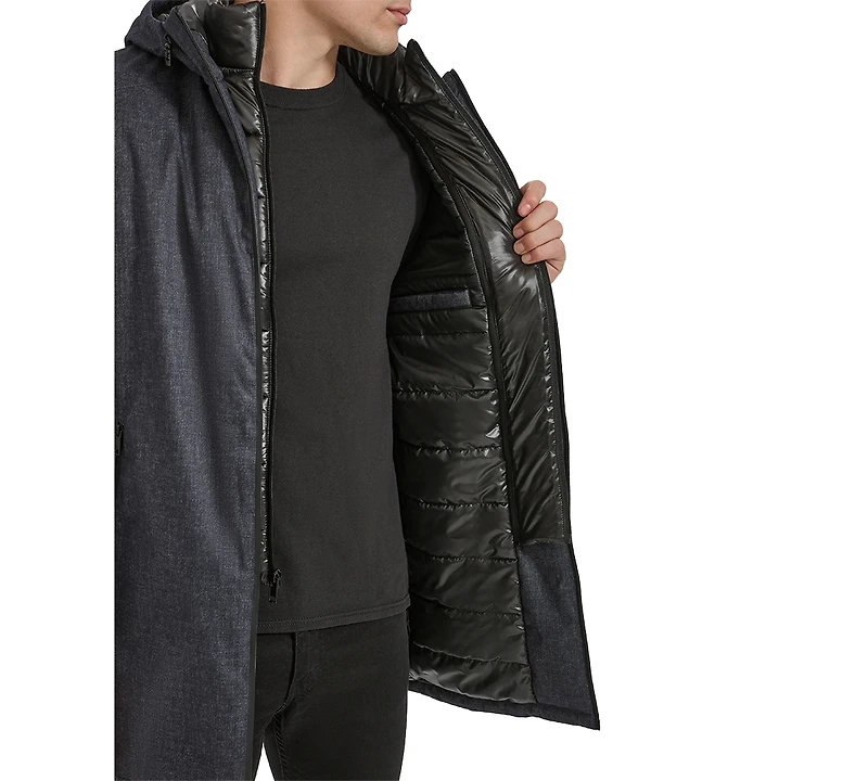 Kenneth Cole Men's Water-Resistant Hooded Stadium Coat with Removable Puffer Bib