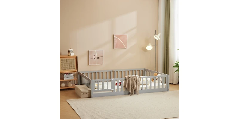 Slickblue Grey Painted Pine Full Fence Bed with Door and Board for Kids