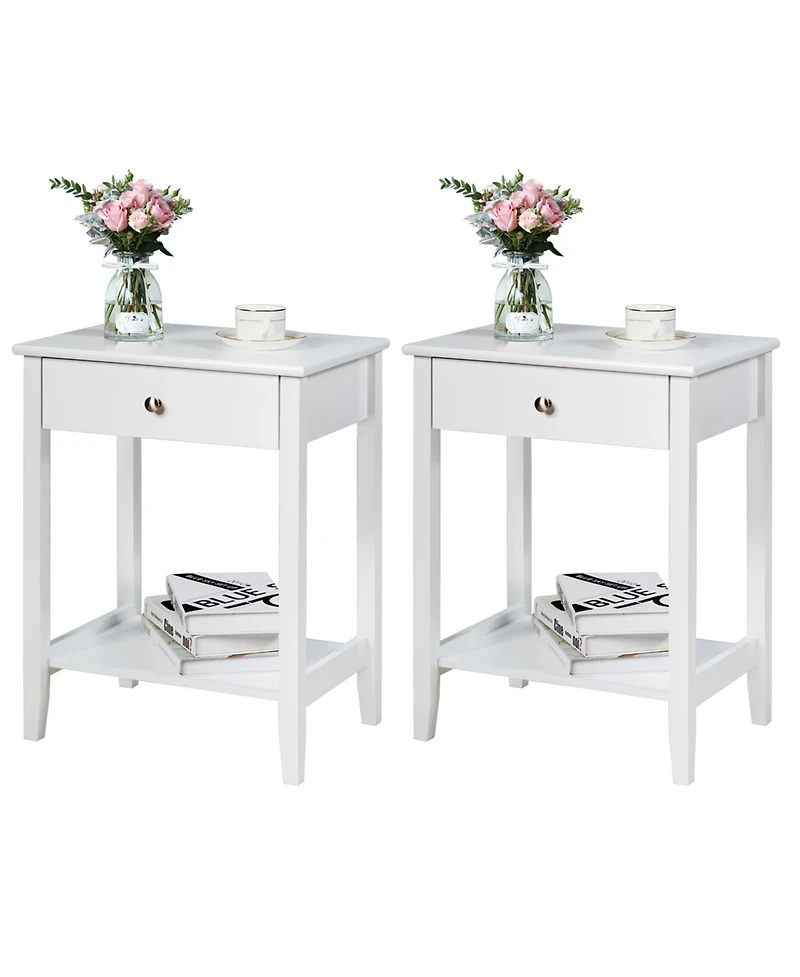 Gymax 2PCS Nightstand Sofa Side End Table Bedroom Living Room w/ Shelf Drawer White