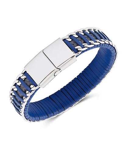 Rhona Sutton Blue Grey Leather with Chain Stainless Steel Bracelet
