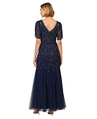 Adrianna Papell Women's Beaded Petal-Sleeve Mermaid Gown