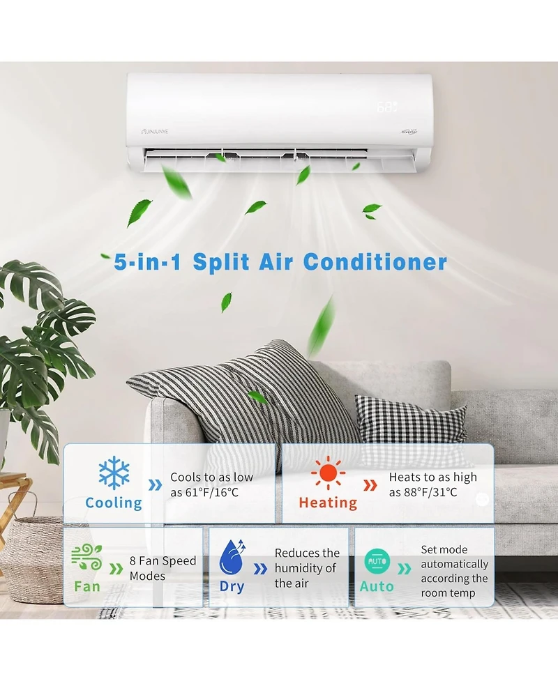 Jinjunye 12000BTU Mini Split Air Conditioner Ductless Inverter Heat Pump, 208-230V 19SEER2,Min Split Ac/Heating System, Energy Saving, Cooler up to 75
