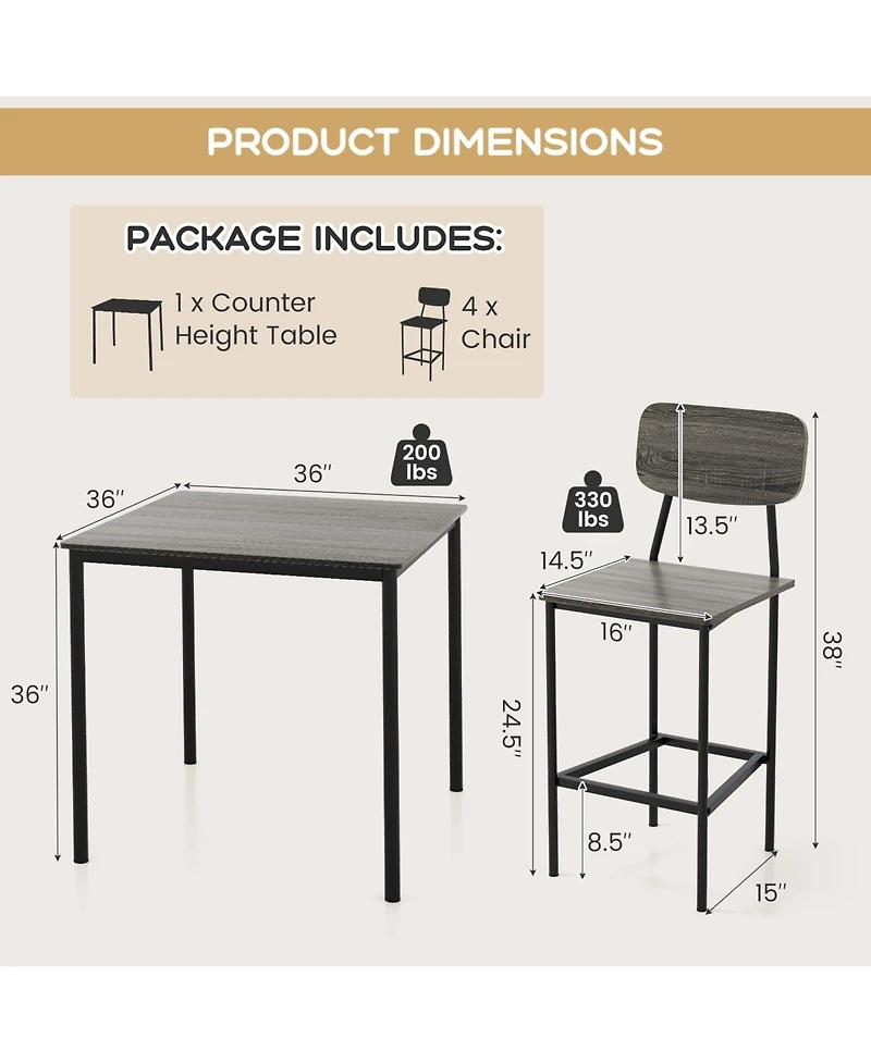 5-Piece Industrial Dining Table Set with Counter Height and 4 Bar Stools-Walnut