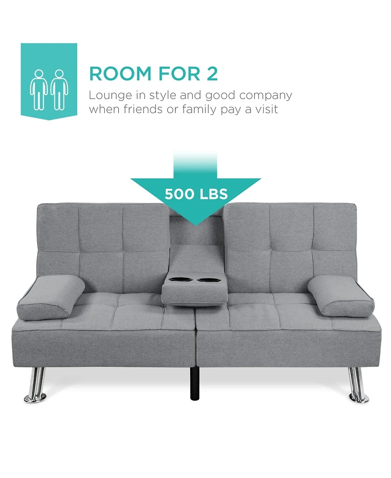 Best Choice Products Modern Linen Convertible Futon Sofa Bed w/ Removable Armrests, Metal Legs, Cupholders