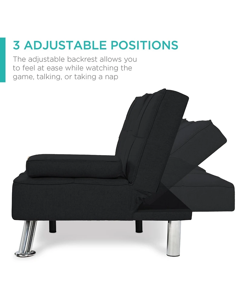 Best Choice Products Modern Linen Convertible Futon Sofa Bed w/ Removable Armrests, Metal Legs, Cupholders