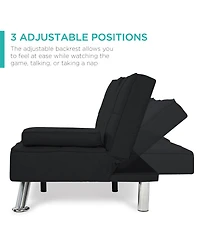 Best Choice Products Modern Linen Convertible Futon Sofa Bed w/ Removable Armrests, Metal Legs, Cupholders