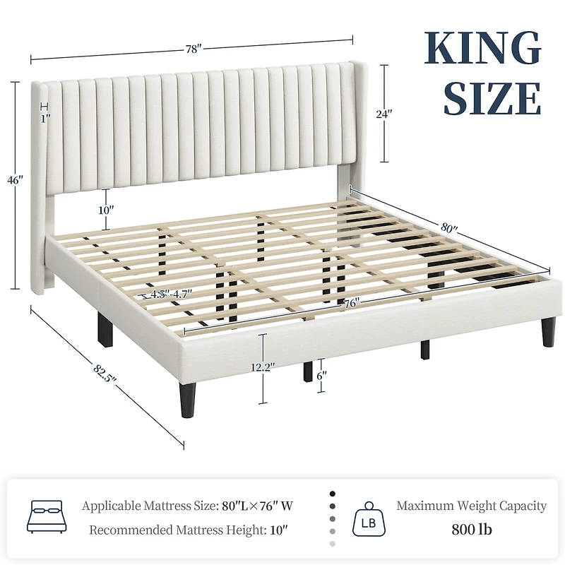 Yaheetech King Upholstered Bed Frame with Wing Side, Platform Bed Frame with Channel Headboard, Mattress Foundation with Wood Slat Support, Beige