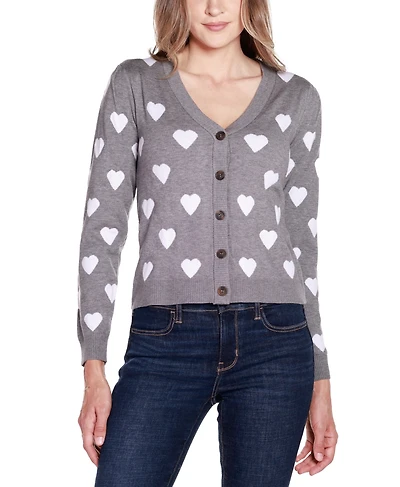 Belldini Women's Hearts Jacquard Cardigan Sweater